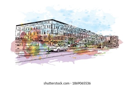 Building view with landmark of Blackpool is a seaside resort on the Irish Sea coast of England. Watercolour splash with hand drawn sketch illustration in vector.