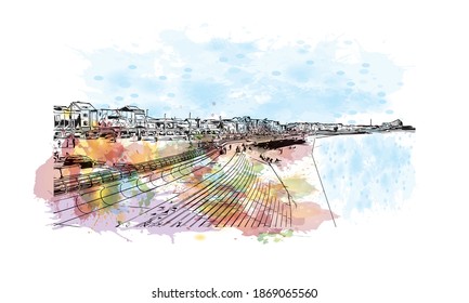 Building view with landmark of Blackpool is a seaside resort on the Irish Sea coast of England. Watercolour splash with hand drawn sketch illustration in vector.