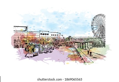 Building view with landmark of Blackpool is a seaside resort on the Irish Sea coast of England. Watercolour splash with hand drawn sketch illustration in vector.