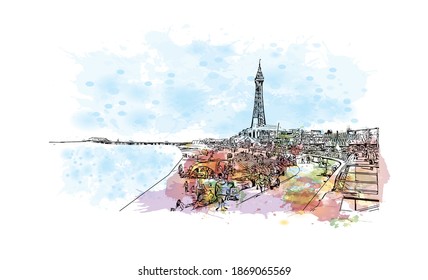 Building view with landmark of Blackpool is a seaside resort on the Irish Sea coast of England. Watercolour splash with hand drawn sketch illustration in vector.