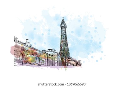 Building view with landmark of Blackpool is a seaside resort on the Irish Sea coast of England. Watercolour splash with hand drawn sketch illustration in vector.