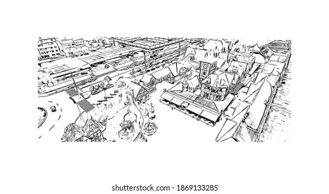 Building view with landmark of Blumenau is a city in southern Brazil. Hand drawn sketch illustration in vector.