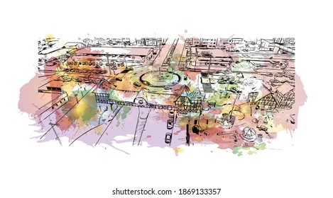 Building view with landmark of Blumenau is a city in southern Brazil. Watercolour splash with hand drawn sketch illustration in vector.