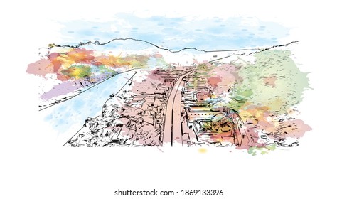 Building view with landmark of Blumenau is a city in southern Brazil. Watercolour splash with hand drawn sketch illustration in vector.