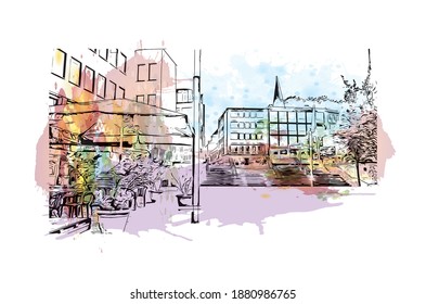 Building view with landmark of Bochum is a city in western Germany. Watercolour splash with hand drawn sketch illustration in vector.