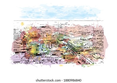 Building view with landmark of Bochum is a city in western Germany. Watercolour splash with hand drawn sketch illustration in vector.