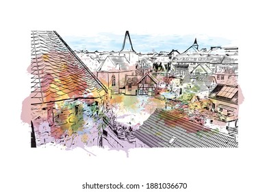 Building view with landmark of Bochum is a city in western Germany. Watercolour splash with hand drawn sketch illustration in vector.