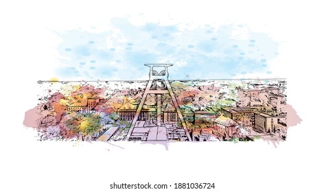 Building view with landmark of Bochum is a city in western Germany. Watercolour splash with hand drawn sketch illustration in vector.