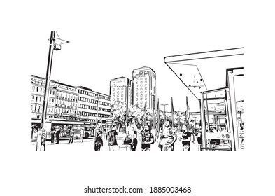 Building view with landmark of Bochum is a city in western Germany. Hand drawn sketch illustration in vector.