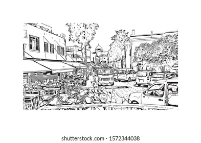 Building view with landmark of Bodrum is a city on the Bodrum Peninsula, stretching from Turkey's southwest coast into the Aegean Sea. Hand drawn sketch illustration in vector.