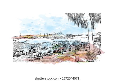 Building view with landmark of Bodrum is a city on the Bodrum Peninsula, stretching from Turkey's southwest coast into the Aegean Sea. Watercolor splash with Hand drawn sketch illustration in vector.