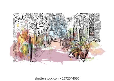 Building view with landmark of Bodrum is a city on the Bodrum Peninsula, stretching from Turkey's southwest coast into the Aegean Sea. Watercolor splash with Hand drawn sketch illustration in vector.