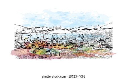 Building view with landmark of Bodrum is a city on the Bodrum Peninsula, stretching from Turkey's southwest coast into the Aegean Sea. Watercolor splash with Hand drawn sketch illustration in vector.