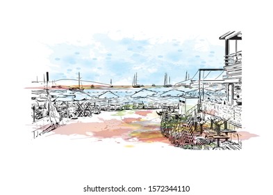 Building view with landmark of Bodrum is a city on the Bodrum Peninsula, stretching from Turkey's southwest coast into the Aegean Sea. Watercolor splash with Hand drawn sketch illustration in vector.