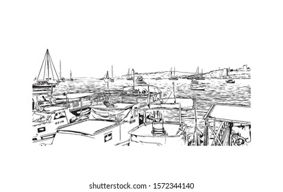 Building view with landmark of Bodrum is a city on the Bodrum Peninsula, stretching from Turkey's southwest coast into the Aegean Sea. Hand drawn sketch illustration in vector.