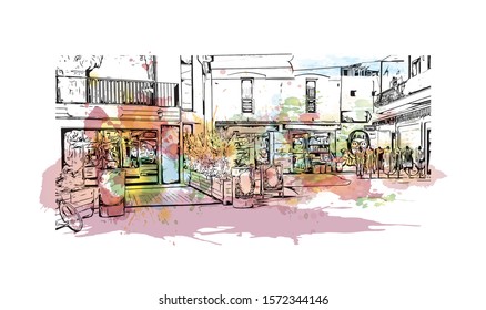 Building view with landmark of Bodrum is a city on the Bodrum Peninsula, stretching from Turkey's southwest coast into the Aegean Sea. Watercolor splash with Hand drawn sketch illustration in vector.