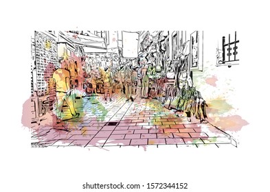 Building view with landmark of Bodrum is a city on the Bodrum Peninsula, stretching from Turkey's southwest coast into the Aegean Sea. Watercolor splash with Hand drawn sketch illustration in vector.