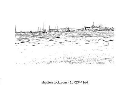 Building view with landmark of Bodrum is a city on the Bodrum Peninsula, stretching from Turkey's southwest coast into the Aegean Sea. Hand drawn sketch illustration in vector.