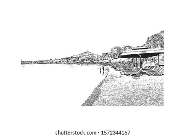Building view with landmark of Bodrum is a city on the Bodrum Peninsula, stretching from Turkey's southwest coast into the Aegean Sea. Hand drawn sketch illustration in vector.