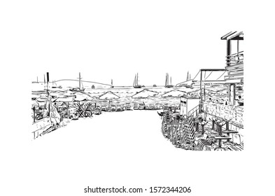 Building view with landmark of Bodrum is a city on the Bodrum Peninsula, stretching from Turkey's southwest coast into the Aegean Sea. Hand drawn sketch illustration in vector.