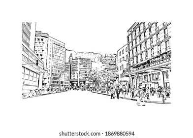 Building view with landmark of Bogota is the
capital of Colombia. Hand drawn sketch illustration in vector.