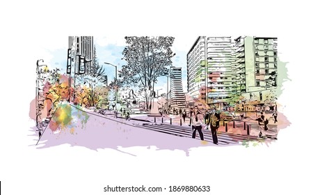 Building view with landmark of Bogota is the
capital of Colombia. Watercolour splash with hand drawn sketch illustration in vector.