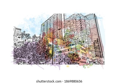 Building view with landmark of Bogota is the
capital of Colombia. Watercolour splash with hand drawn sketch illustration in vector.