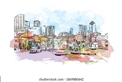 Building view with landmark of Bogota is the
capital of Colombia. Watercolour splash with hand drawn sketch illustration in vector.