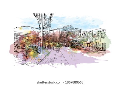 Building view with landmark of Bogota is the
capital of Colombia. Watercolour splash with hand drawn sketch illustration in vector.