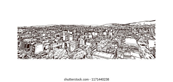 Building view with landmark of Bogota is Colombia’s sprawling, high-altitude capital. Hand drawn sketch illustration in vector.