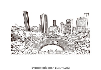 Building view with landmark of Bogota is Colombia’s sprawling, high-altitude capital. Hand drawn sketch illustration in vector.
