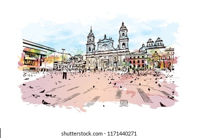 Building view with landmark of Bogota is Colombia’s sprawling, high-altitude capital. Watercolor splash with Hand drawn sketch illustration in vector.