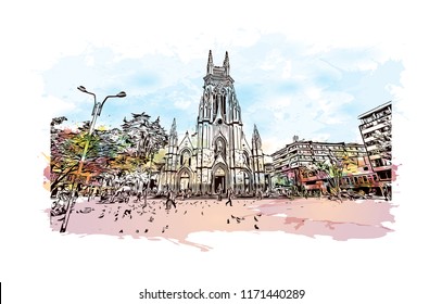 Building view with landmark of Bogota is Colombia’s sprawling, high-altitude capital. Watercolor splash with Hand drawn sketch illustration in vector.