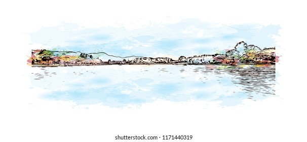 Building view with landmark of Bogota is Colombia’s sprawling, high-altitude capital. Watercolor splash with Hand drawn sketch illustration in vector.