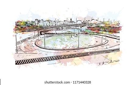 Building view with landmark of Bogota is Colombia’s sprawling, high-altitude capital. Watercolor splash with Hand drawn sketch illustration in vector.