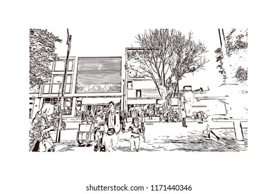 Building view with landmark of Bogota is Colombia’s sprawling, high-altitude capital. Hand drawn sketch illustration in vector.