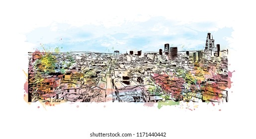 Building view with landmark of Bogota is Colombia’s sprawling, high-altitude capital. Watercolor splash with Hand drawn sketch illustration in vector.
