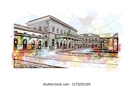 Building view with landmark of Bologna City in Italy. Watercolor splash with Hand drawn sketch illustration in vector.