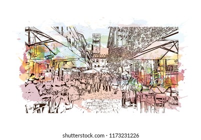 Building view with landmark of Bologna City in Italy. Watercolor splash with Hand drawn sketch illustration in vector.