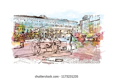 Building view with landmark of Bologna City in Italy. Watercolor splash with Hand drawn sketch illustration in vector.