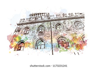 Building view with landmark of Bologna City in Italy. Watercolor splash with Hand drawn sketch illustration in vector.