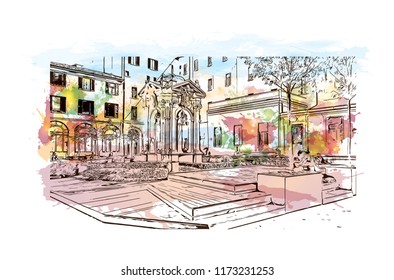 Building view with landmark of Bologna City in Italy. Watercolor splash with Hand drawn sketch illustration in vector.
