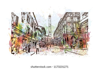 Building view with landmark of Bologna City in Italy. Watercolor splash with Hand drawn sketch illustration in vector.