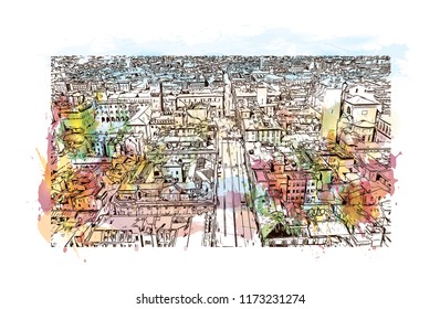 Building view with landmark of Bologna City in Italy. Watercolor splash with Hand drawn sketch illustration in vector.