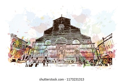 Building view with landmark of Bologna City in Italy. Watercolor splash with Hand drawn sketch illustration in vector.