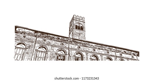 Building view with landmark of Bologna City in Italy. Hand drawn sketch illustration in vector.