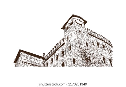Building view with landmark of Bologna City in Italy. Hand drawn sketch illustration in vector.