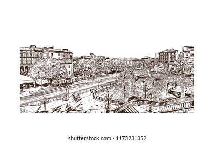 Building view with landmark of Bologna City in Italy. Hand drawn sketch illustration in vector.
