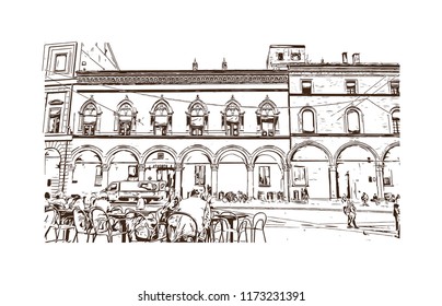 Building view with landmark of Bologna City in Italy. Hand drawn sketch illustration in vector.
