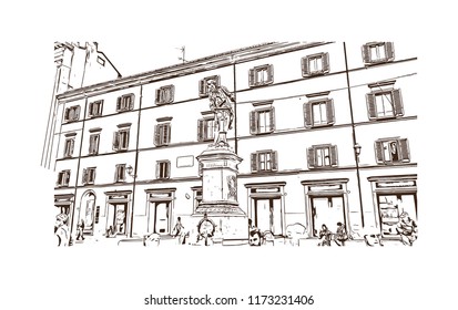 Building view with landmark of Bologna City in Italy. Hand drawn sketch illustration in vector.